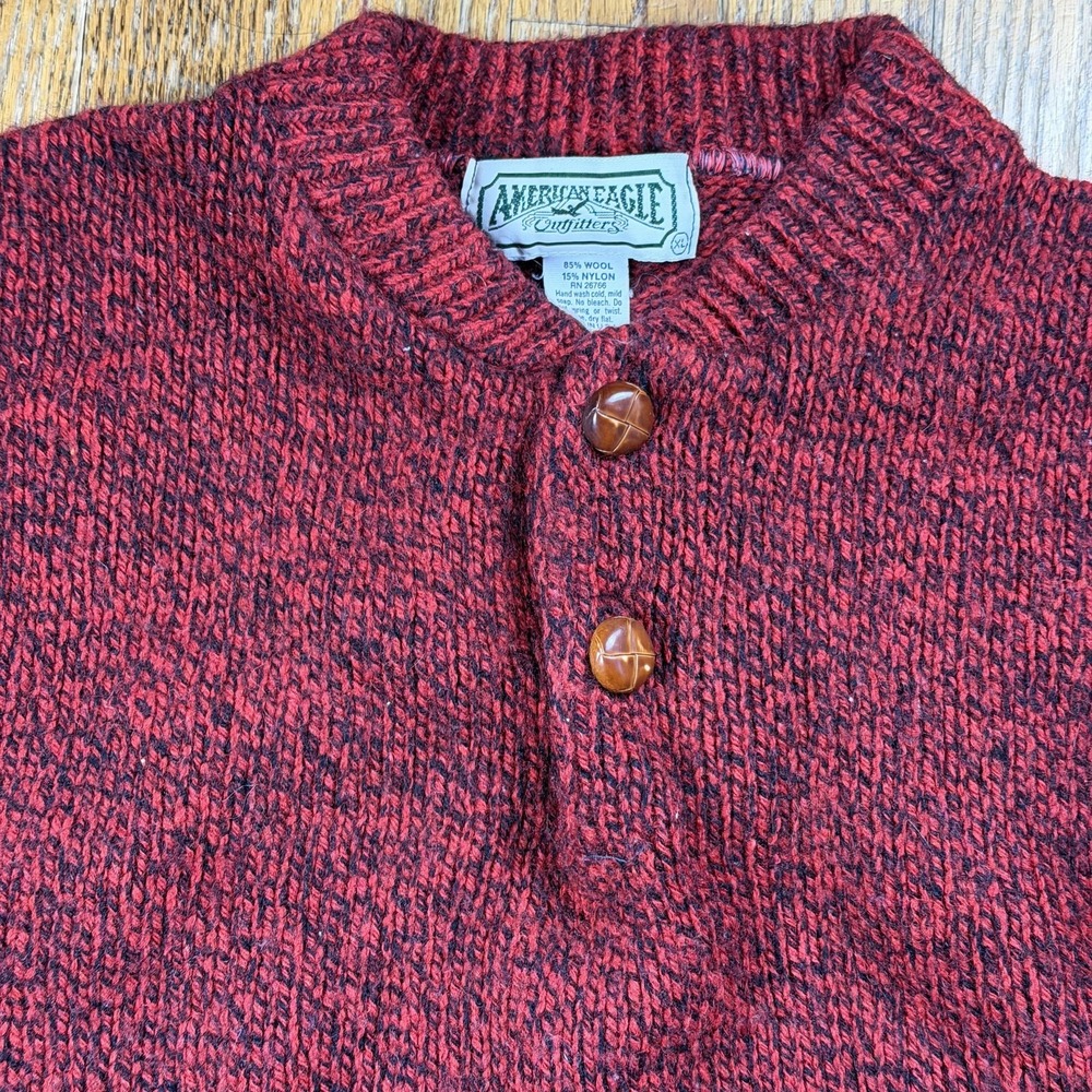 Vintage American Eagle Outfitters Sweater Mens XL Red Wool Henley USA Made READ